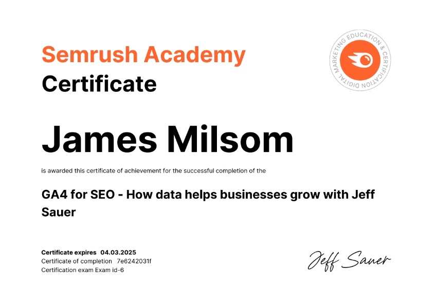 Semrush GA4 for SEO certificate