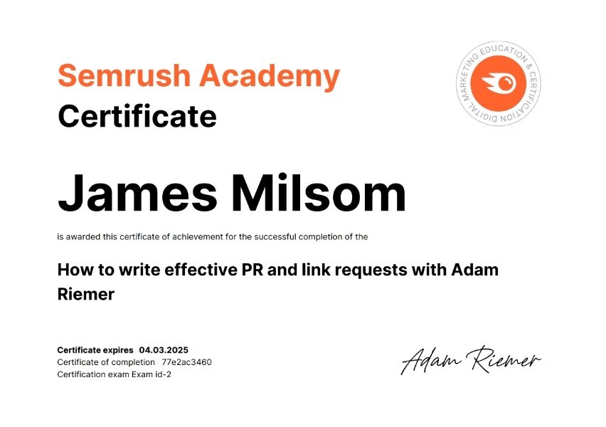 Semrush Digital PR link building certificate