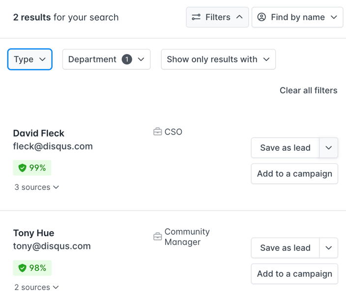 Saved buyer persona leads in hunter.io